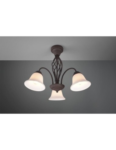 Trio Rustica – Détail de l’abat-jour en verre blanc courbé et structure métal rouille