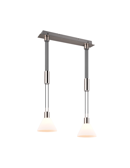 Trio Stanley – Suspension élégante 2xE27, verre blanc et nickel mat, hauteur ajustable