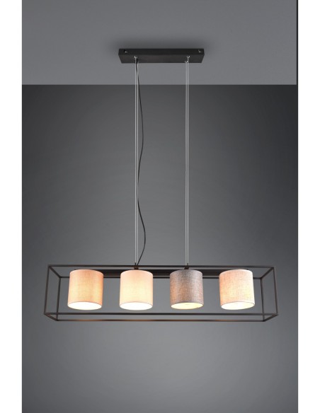 TRIO ROSS – Suspension avec 4 lumières LED, tissu beige et cadre noir mat, ambiance chaleureuse