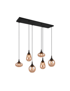 TRIO Lumina – Suspension 6xE14, abat-jours en verre ambré, métal noir mat, max. 40W