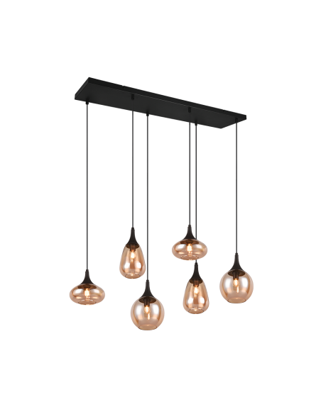 TRIO Lumina – Suspension 6xE14, abat-jours en verre ambré, métal noir mat, max. 40W