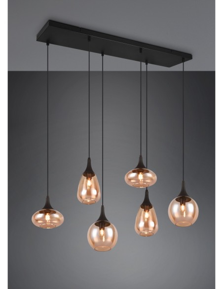 TRIO Lumina – Suspension élégante 6xE14, verre ambré, métal noir mat, éclairage moderne
