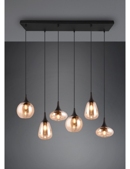 TRIO Lumina – Suspension en verre ambré et métal noir, 6xE14, max. 40W, design moderne