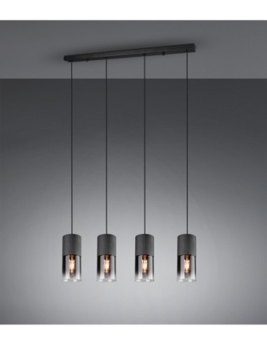 Suspension 4xE27, 28W max, verre fumé, métal noir mat - Trio - Robin