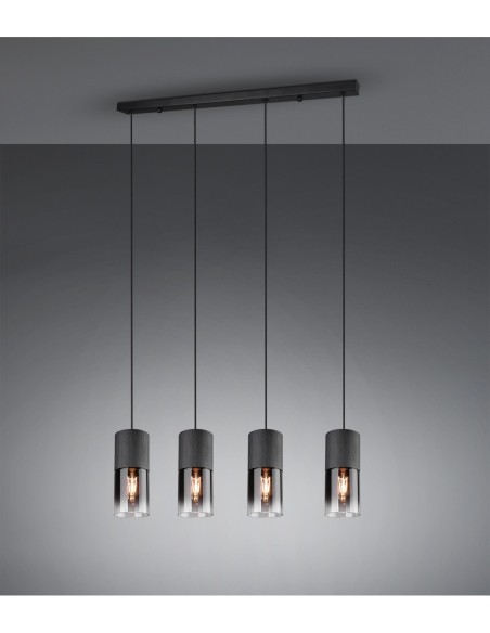 Suspension 4xE27, 28W max, verre fumé, métal noir mat - Trio - Robin