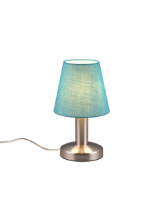 TRIO MATS II-Lampe de table élégante avec un abat-jour en tissu turquoise et une base en nickel mat.