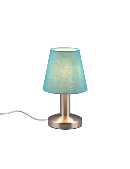 TRIO MATS II-Lampe de table élégante avec un abat-jour en tissu turquoise et une base en nickel mat.