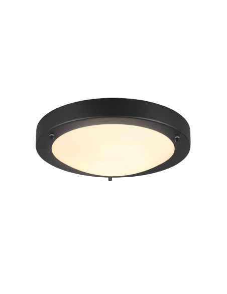 TRIO Condus-Plafonnier IP44, métal noir mat et verre blanc, adapté aux pièces humides.