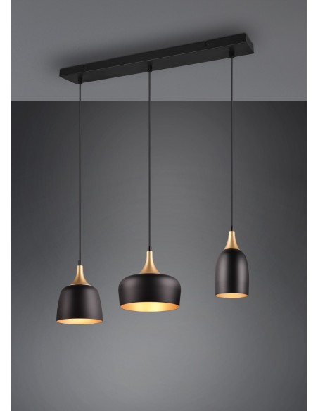 TRIO Chiraz-Luminaire suspendu, 3 abat-jour métal noir/or