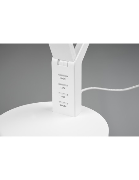 Trio Ava - posée sur un bureau, éclairage activé, smartphone en charge via le port USB