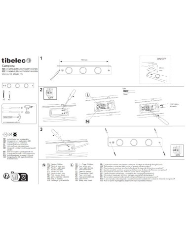 Réglette Led dessous de meuble 3 sources lumineuses - Tibelec - Campona - dessin technique