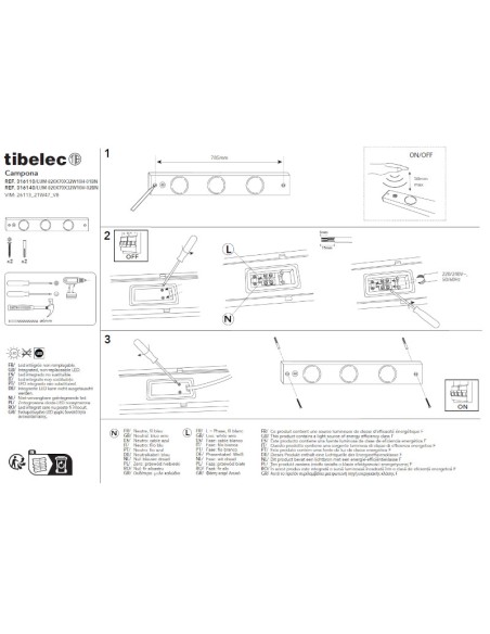 Réglette Led dessous de meuble 3 sources lumineuses - Tibelec - Campona - dessin technique