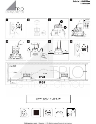 TRIO Zagros éclairage encastré, LED intégré 5,5W, protection IP65, pour installation dans espaces secs et humides