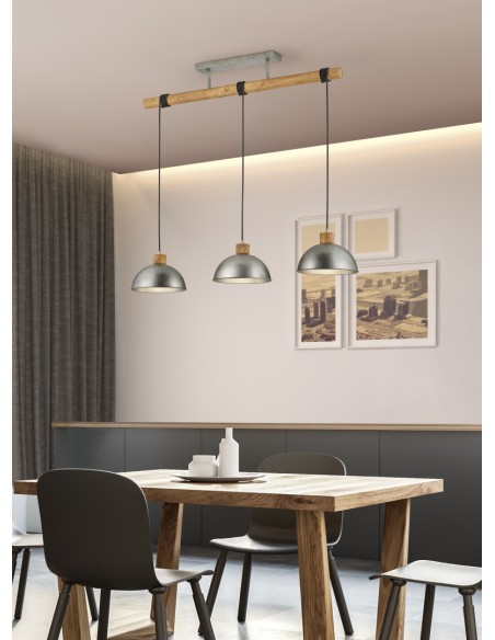TRIO Delhi – Suspension design avec combinaison bois-métal et douilles E27 apparentes