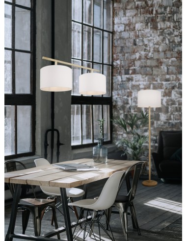 Lampadaire LED E27  abat-jour tissu blanc pied bois naturel - Trio - Korba