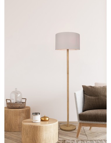 Lampadaire LED E27  abat-jour tissu blanc pied bois naturel - Trio - Korba