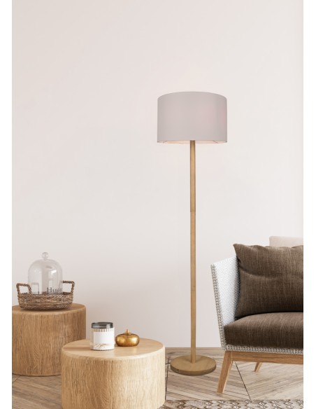 Lampadaire LED E27  abat-jour tissu blanc pied bois naturel - Trio - Korba