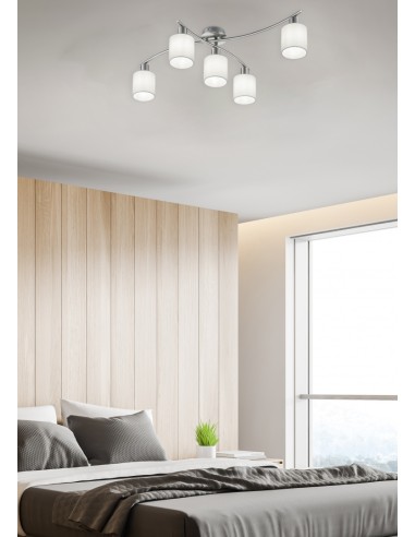 TRIO Garda – Plafonnier décoratif 5xE14, max. 25W, finition nickel mat, abat-jour tissu blanc, éclairage flexible