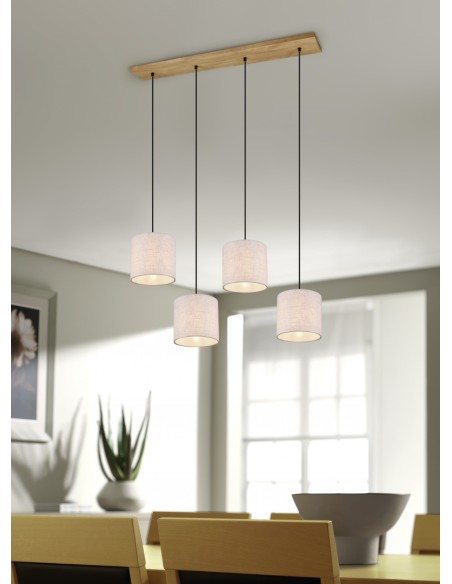 Suspension 4xE27, 60W max, Tissu Beige, Nickel Antique – Trio - Elmau