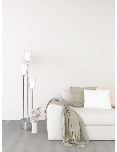 Trio Barret – Lampadaire moderne 3xE14, chrome et verre transparent, lumière douce, économie d’énergie