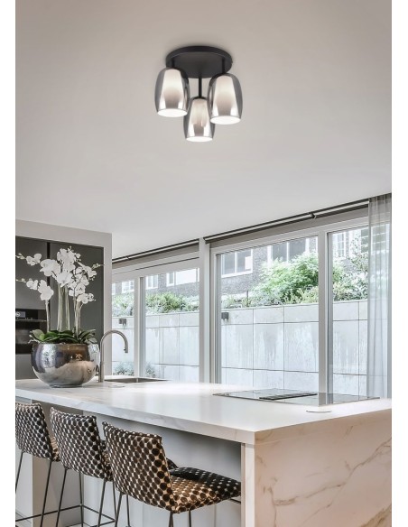 Plafonnier 3xE14, verre fumé, métal noir mat – Trio Select - Barret