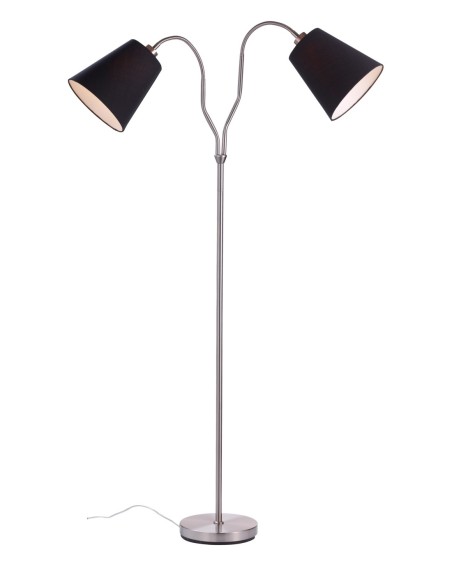 Markslöjd Modena – Lampadaire à deux bras en acier brossé avec abat-jour textile noir
