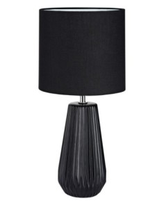 Lampe de table en céramique noire mate avec abat-jour tissu, lumière douce et chaleureuse.