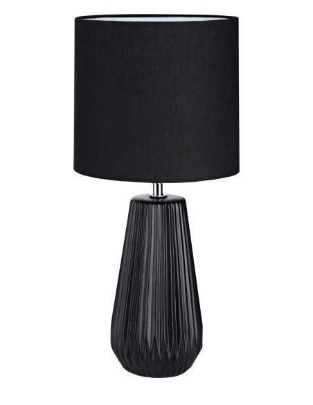 Lampe de table en céramique noire mate avec abat-jour tissu, lumière douce et chaleureuse.