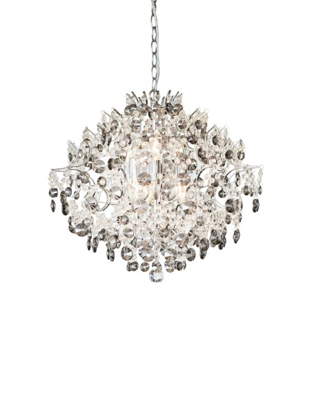 Lustre 56 cm élégant aux cristaux transparents et fumés, avec une touche centrale colorée.
