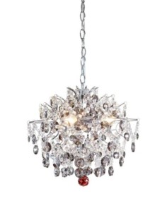 Lustre design avec cristaux gris fumé et touche colorée, parfait pour un intérieur moderne chic.