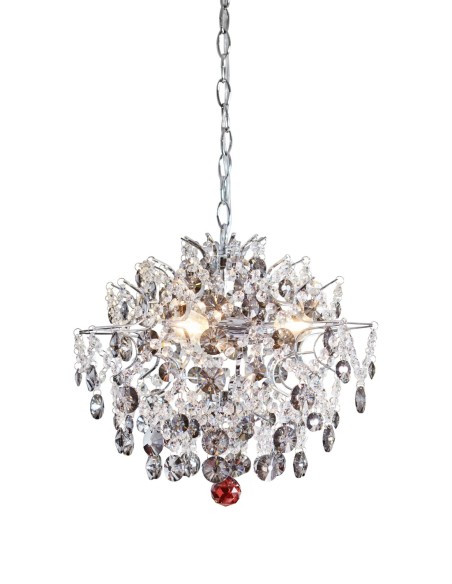 Lustre design avec cristaux gris fumé et touche colorée, parfait pour un intérieur moderne chic.