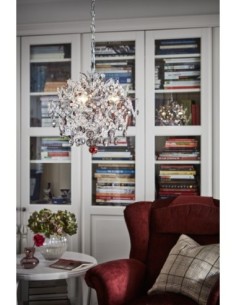 Lustre design avec cristaux gris fumé et touche colorée, parfait pour un intérieur moderne chic. 2