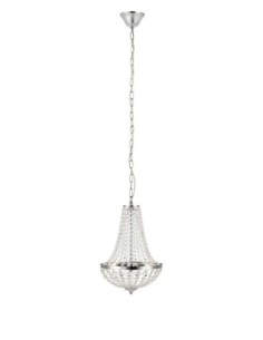 Lustre chromé avec prismes en verre taillé, idéal pour une salle de bain chic et lumineuse.