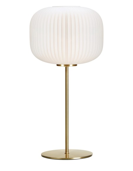 Lampe de table en verre blanc et laiton brossé, idéale pour une ambiance intérieure raffinée.