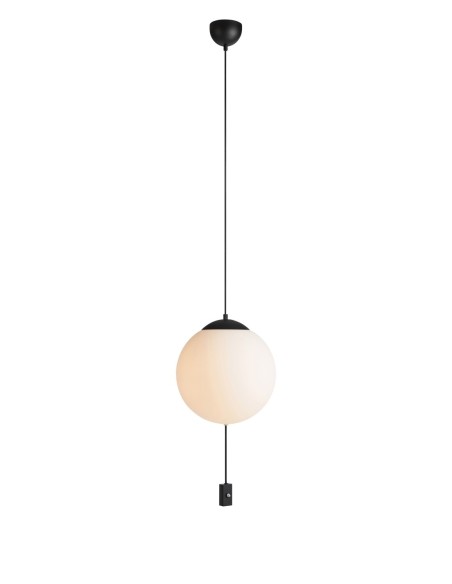 Markslöjd Here – Suspension blanche 3xE14, globe en verre opale Ø30 cm, interrupteur intégré, design Joakim Thedin