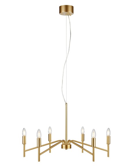 Markslöjd Monarch – Suspension 6 lampes E14, Ø70 cm, finition laiton doré mat, câble transparent
