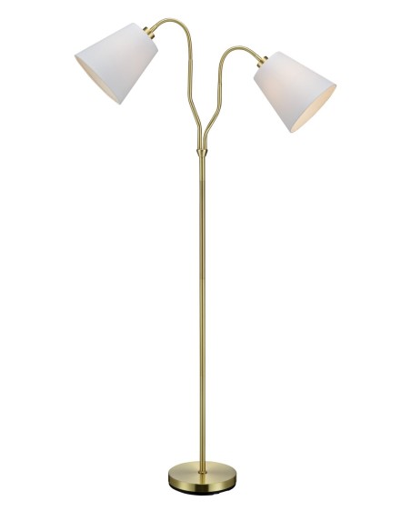 Lampadaire en laiton avec deux abat-jour blancs orientables, idéal pour un éclairage modulable.