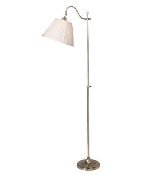 Lampadaire Charleston en métal oxydé, abat-jour plissé beige, hauteur réglable et orientable.