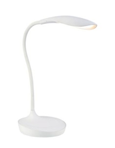 Lampe de bureau Swan blanche, LED intégrée, variateur tactile, port USB et bras flexibles.