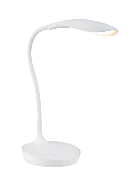 Lampe de bureau Swan blanche, LED intégrée, variateur tactile, port USB et bras flexibles.