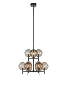 Plafonnier Crown Markslöjd avec 9 globes en verre fumé sur structure noire