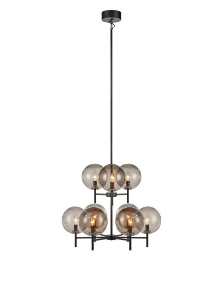 Plafonnier Crown Markslöjd avec 9 globes en verre fumé sur structure noire