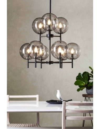 Luminaire suspendu design Crown, neuf sphères en verre fumé et câble transparent