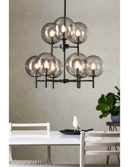 Luminaire suspendu design Crown, neuf sphères en verre fumé et câble transparent