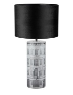 Lampe de table Ichi – Pied céramique sculptée, abat-jour velours noir, ampoule E27, câble textile.