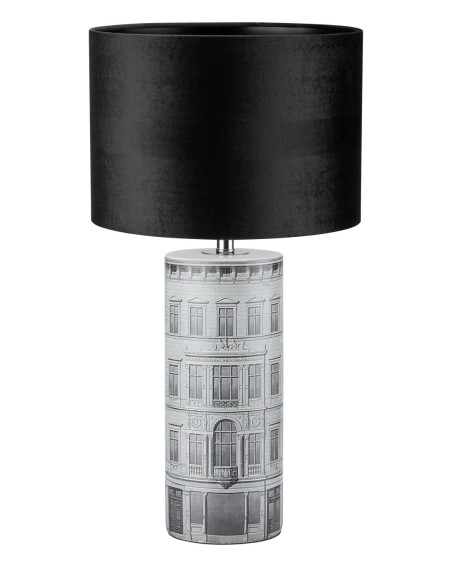 Lampe de table Ichi – Pied céramique sculptée, abat-jour velours noir, ampoule E27, câble textile.