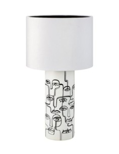 Lampe de table Famille, céramique blanche, visages noirs, abat-jour velours, ampoule E27.