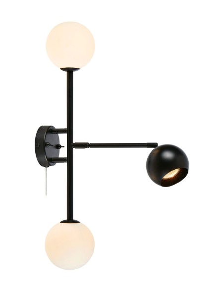 Applique murale Beside, 2 globes G9 + liseuse GU10, verre blanc et métal.