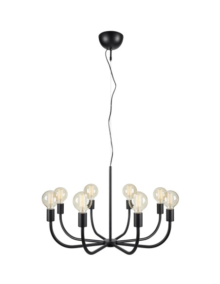 Markslöjd Amistoso – Suspension 8 bras, fer noir mat, culot E27, câble 1,5 m, fixation crochet.