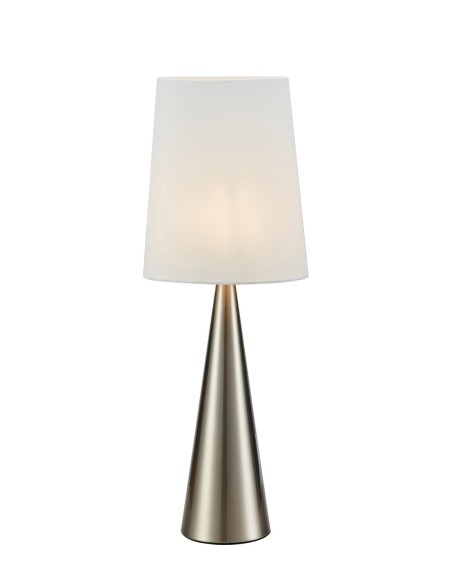 Lampe Conus nickel satiné – pied conique métal, abat-jour blanc cassé, design sobre et lumineux.